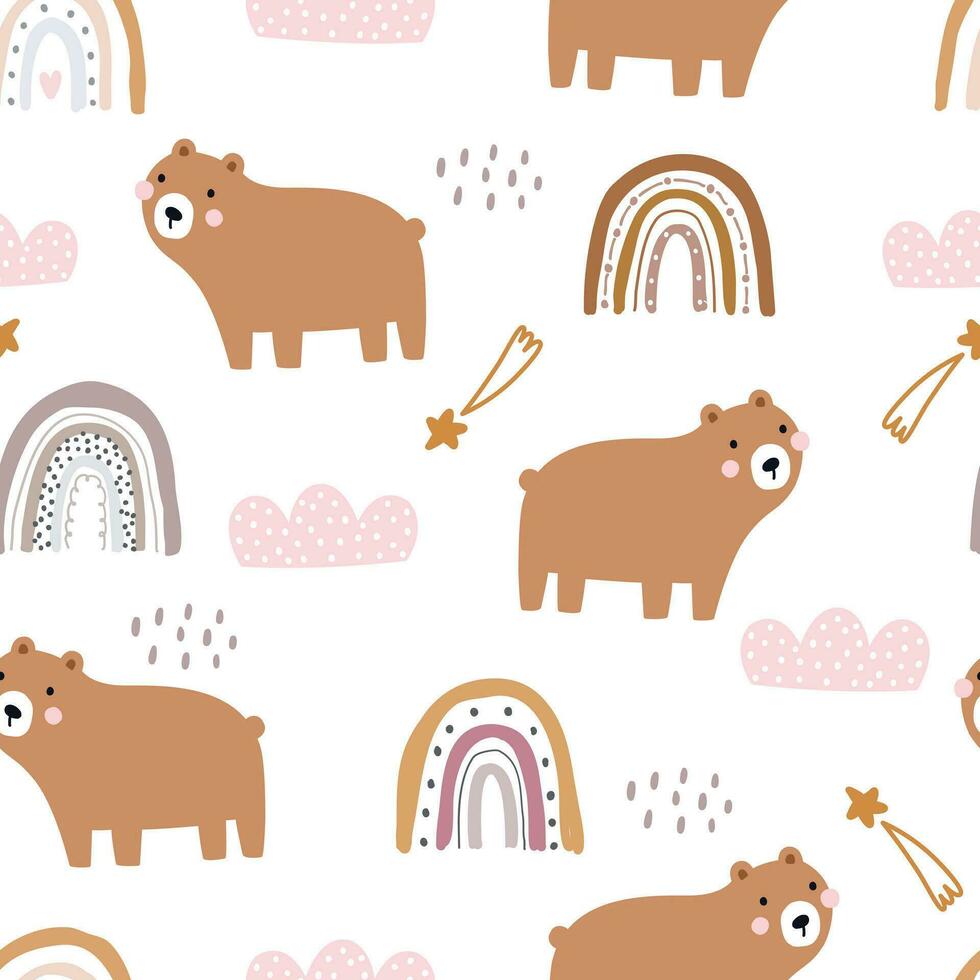 Nursery seamless pattern with cute characters. Bear and rainbow in cartoon style Designs for newborn apparel, textiles and wallpaper vector