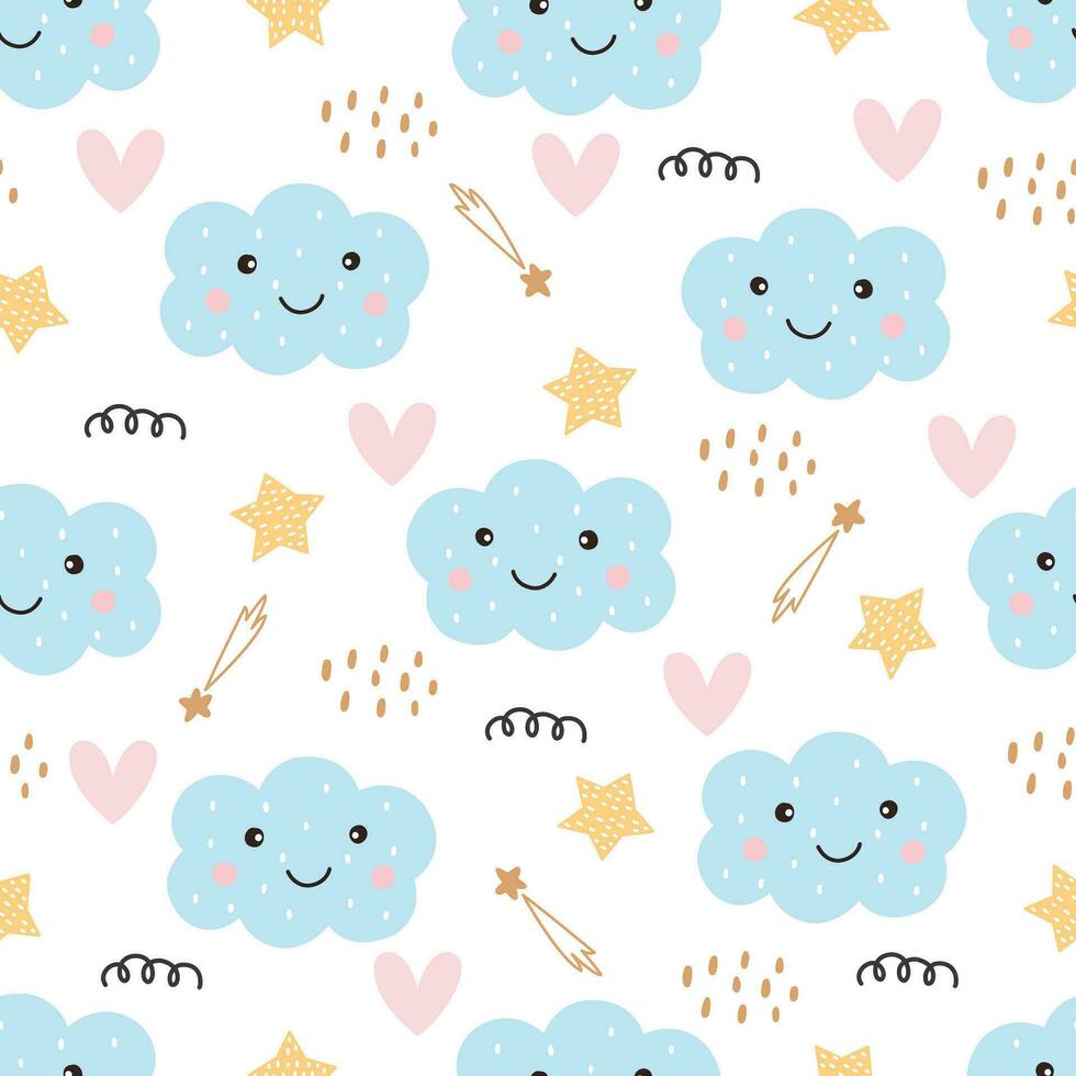 Seamless nursery pattern clouds and heart cute textures for baby bedding, fabrics, wallpaper, wrapping paper, textiles vector