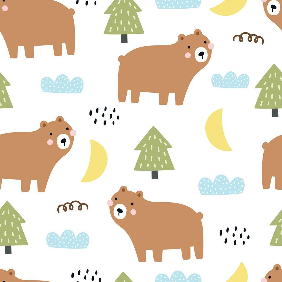 Baby seamless patterns bear and christmas tree Cute hand drawn animal background in childish style vector