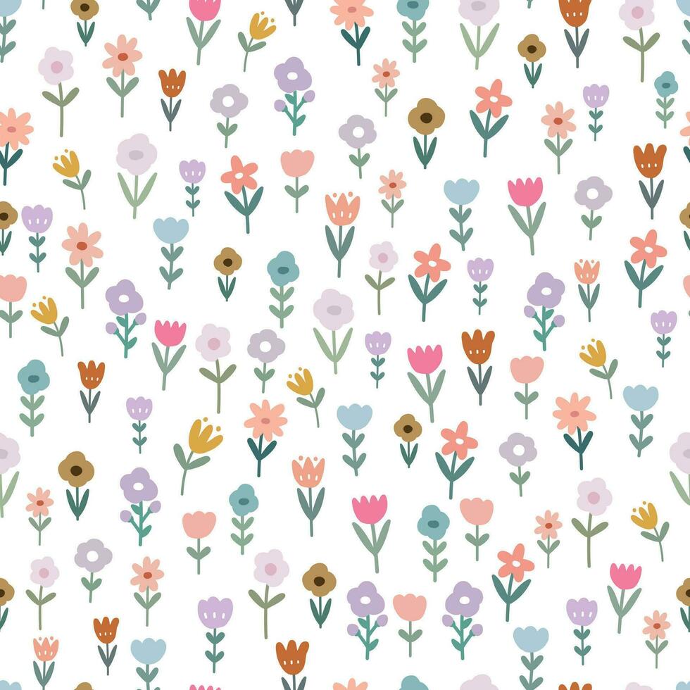 Seamless pattern flowers on white background Hand drawn design in cartoon style Used for textiles, fashion prints, wallpapers, vector illustrations