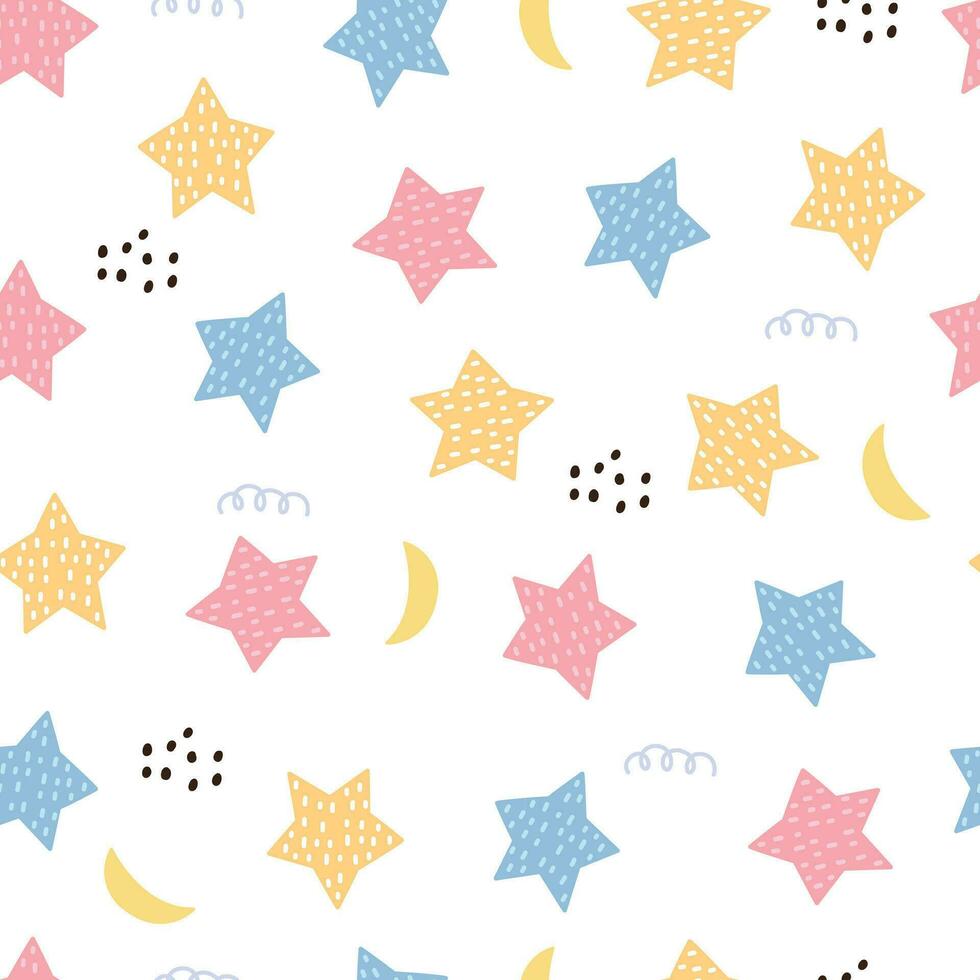 sin costura modelo estrellas en un blanco antecedentes. mano dibujado diseño en dibujos animados estilo. utilizar para textil, imprimir, moda, fondo de pantalla. vector ilustración.