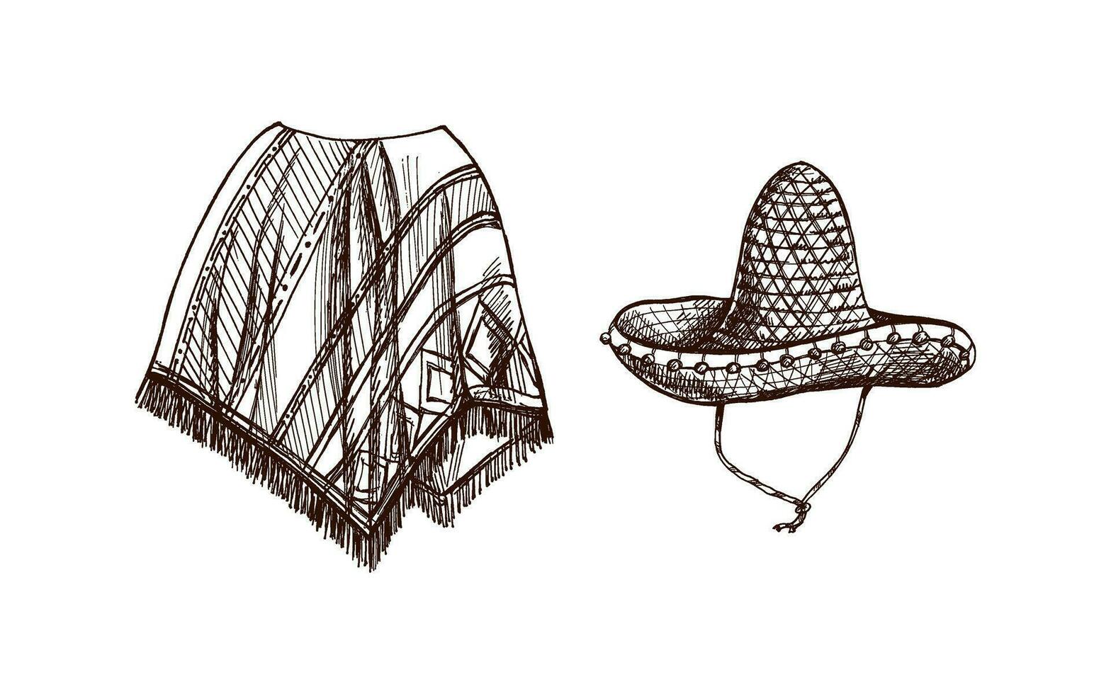 Hand-drawn sketch of realistic mexican poncho and sambrero. Vintage drawing of Latin American national clothes. Vector black ink outline illustration. Mexican culture. Latin America.