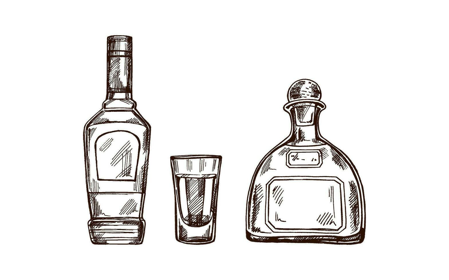 Hand-drawn bottles of tequila and shot glass with tequila. Design element for the menu of bars and in engraving style. Mexican, Latin America. vector