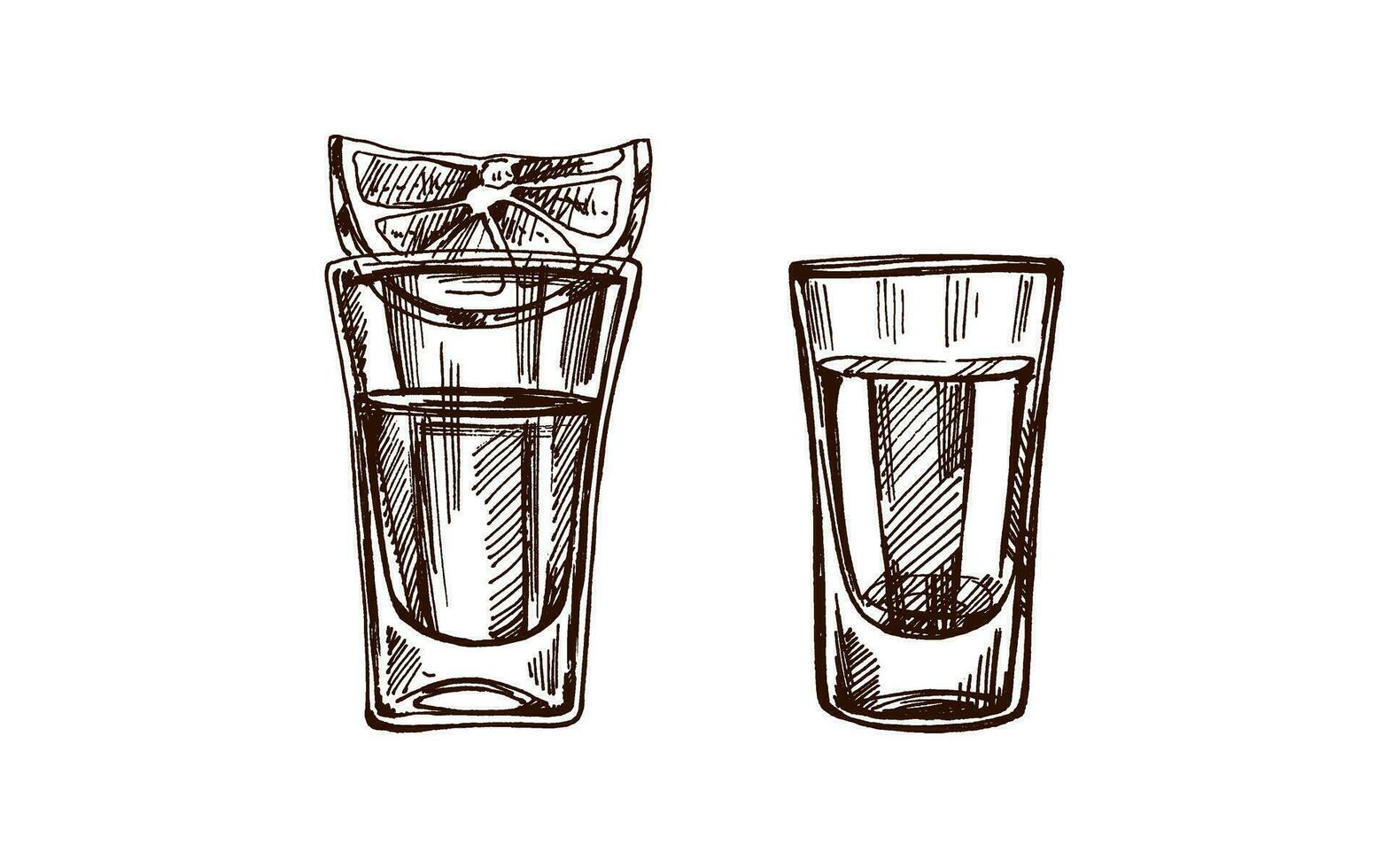 Hand-drawn shot glasses with tequila with a slice of lime. Design element for the menu of bars and restaurants, alcohol stores. Vector sketch illustration in engraving style. Mexican, Latin America.