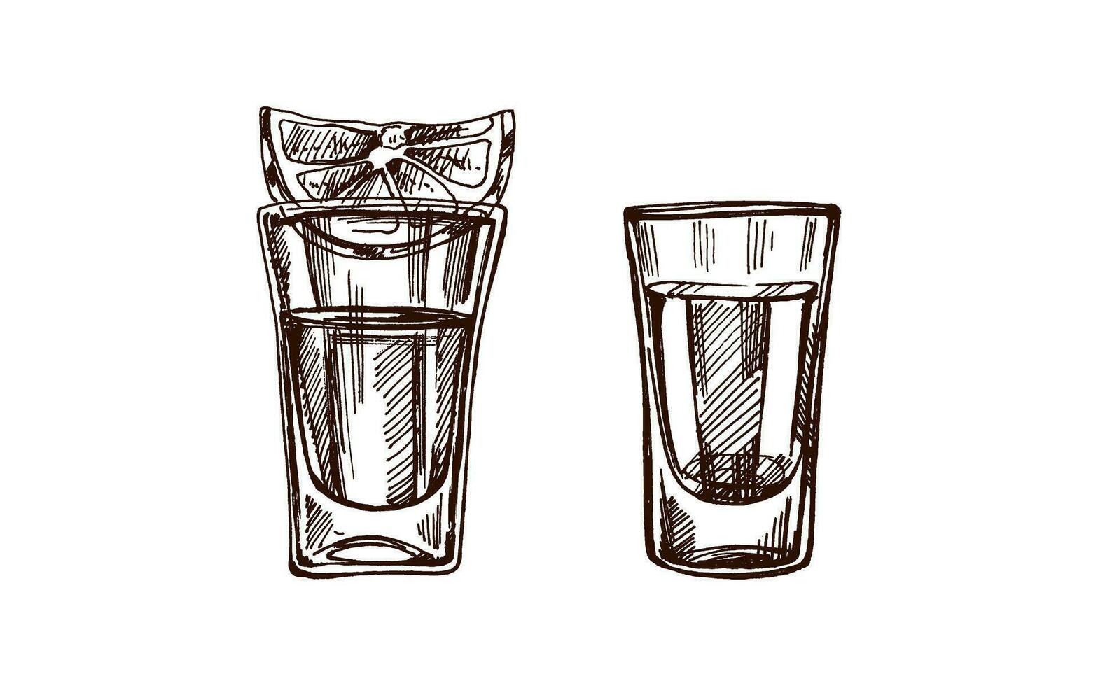 dibujado a mano Disparo lentes con tequila con un rebanada de Lima. diseño elemento para el menú de barras y restaurantes, alcohol historias. vector bosquejo ilustración en grabado estilo. mexicano, latín America.