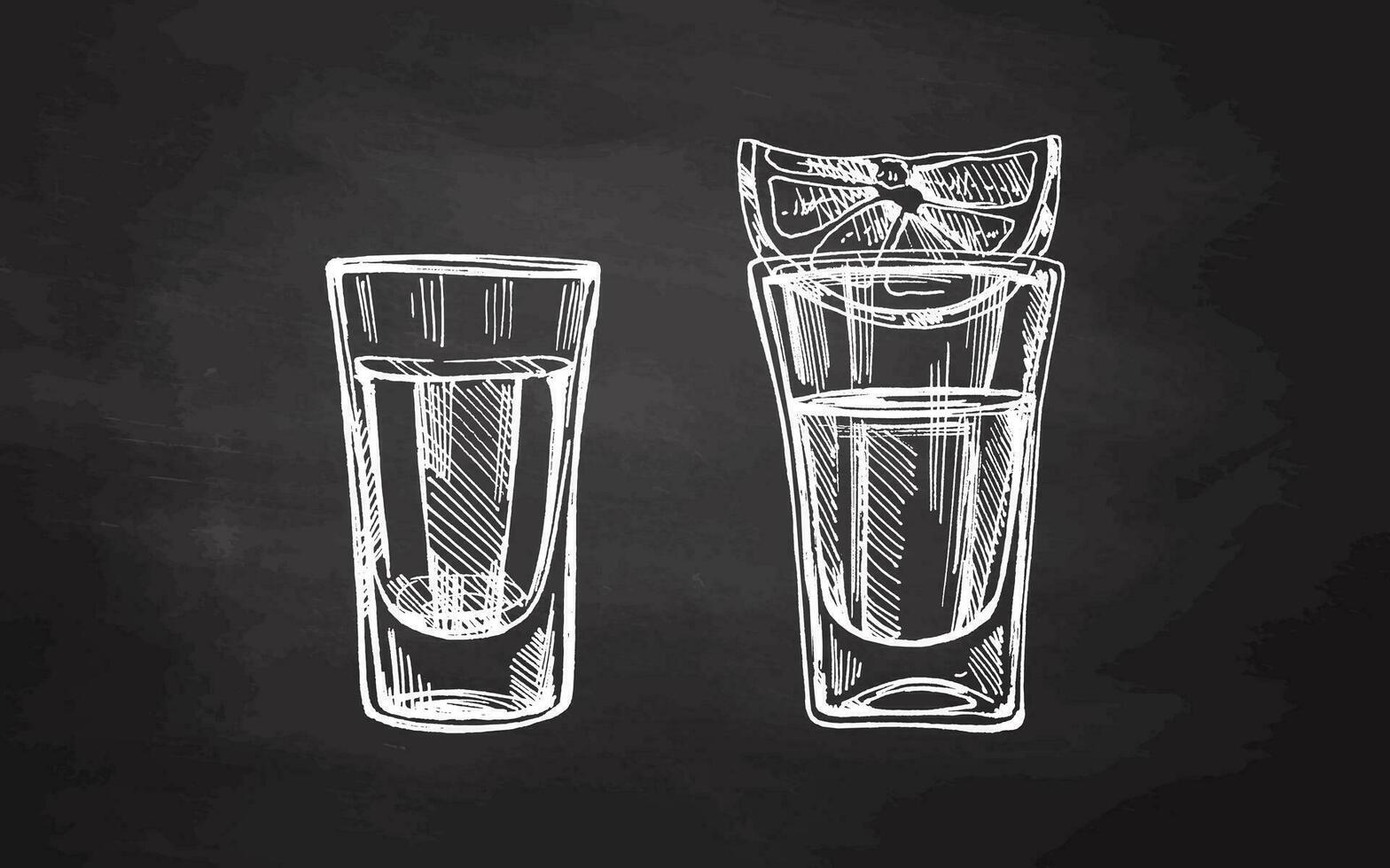 Hand-drawn shot glasses with tequila with a slice of lime on chalkboard background. Design element for the menu of bars and restaurants. Mexican, Latin America. vector