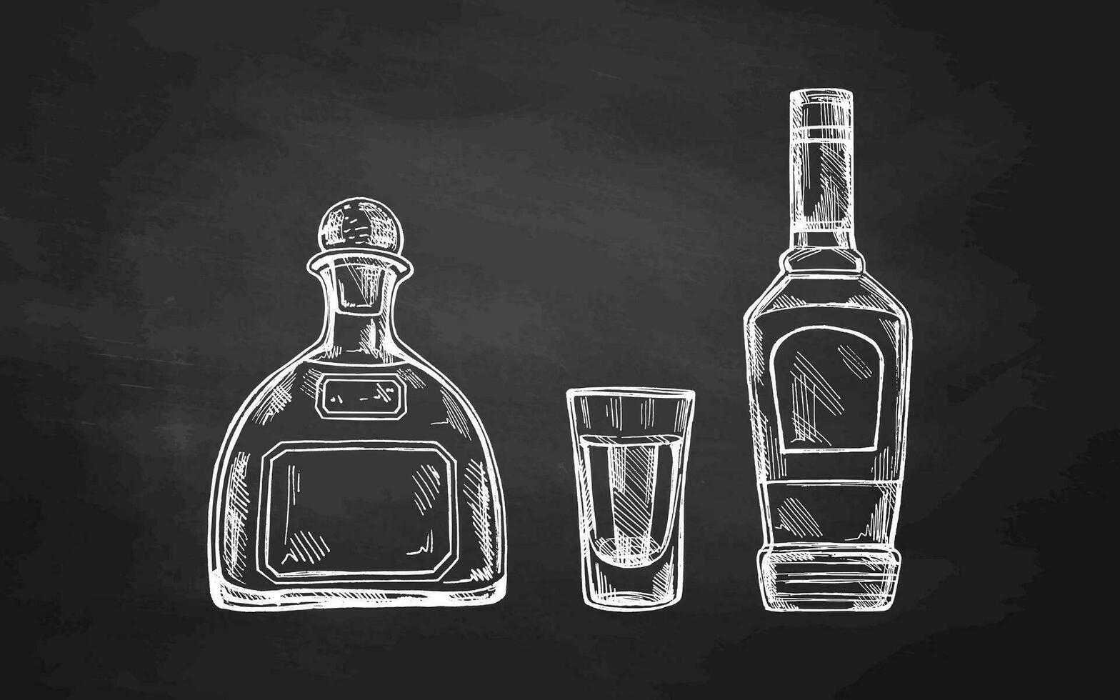 Hand-drawn bottles of tequila and shot glass with tequila on chalkboard background. Design element for the menu of bars and in engraving style. Mexican, Latin America. vector