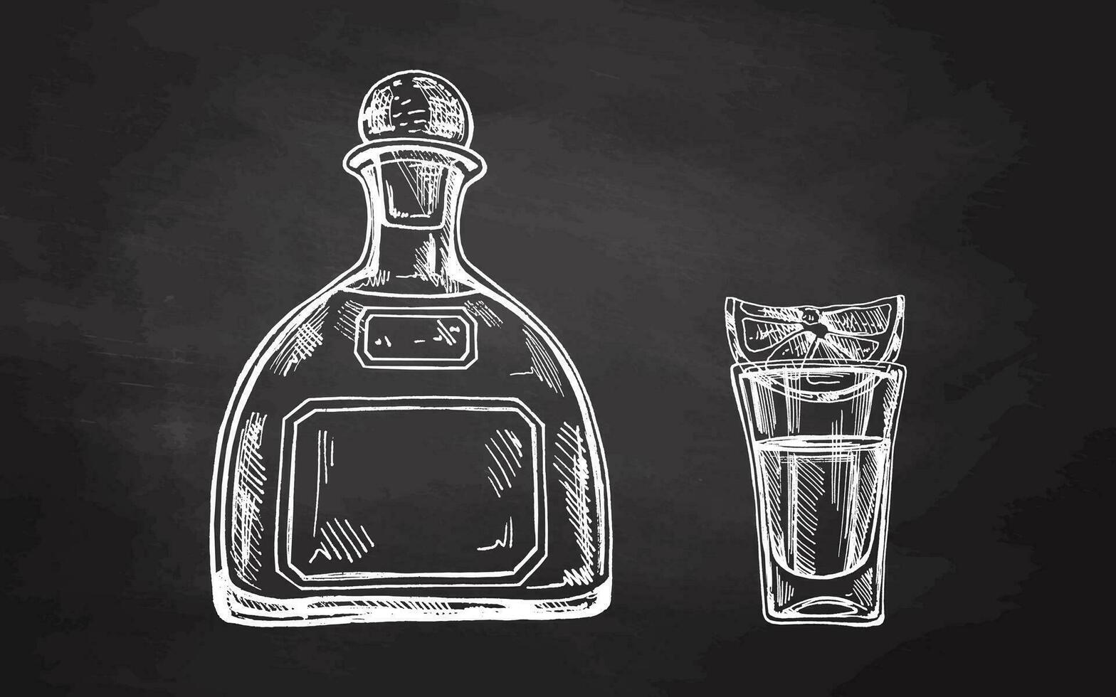 Hand-drawn bottle of tequila and shot glass with tequila with a slice of lime on chalkboard background. Design element for the menu of bars and in engraving style. Mexican, Latin America. vector