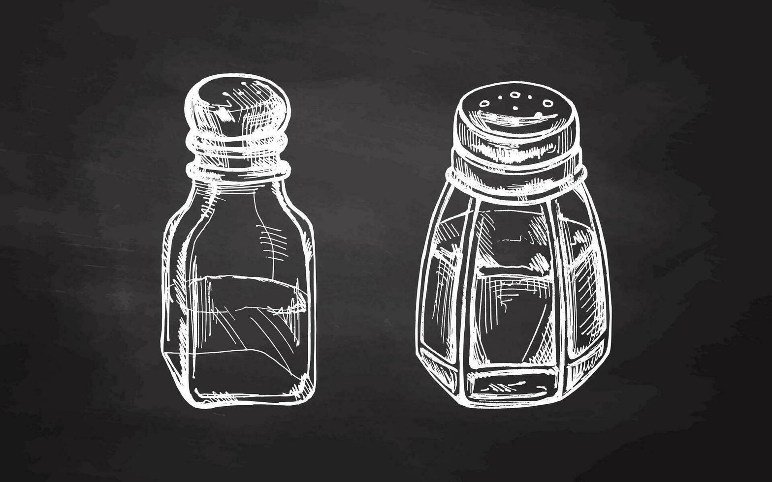 Hand-drawn sketches of glass salt shakers with metal lid on chalkboard background. Vintage salt shakers. Vector black ink food sketch illustration. Food. Illustration for the menu.