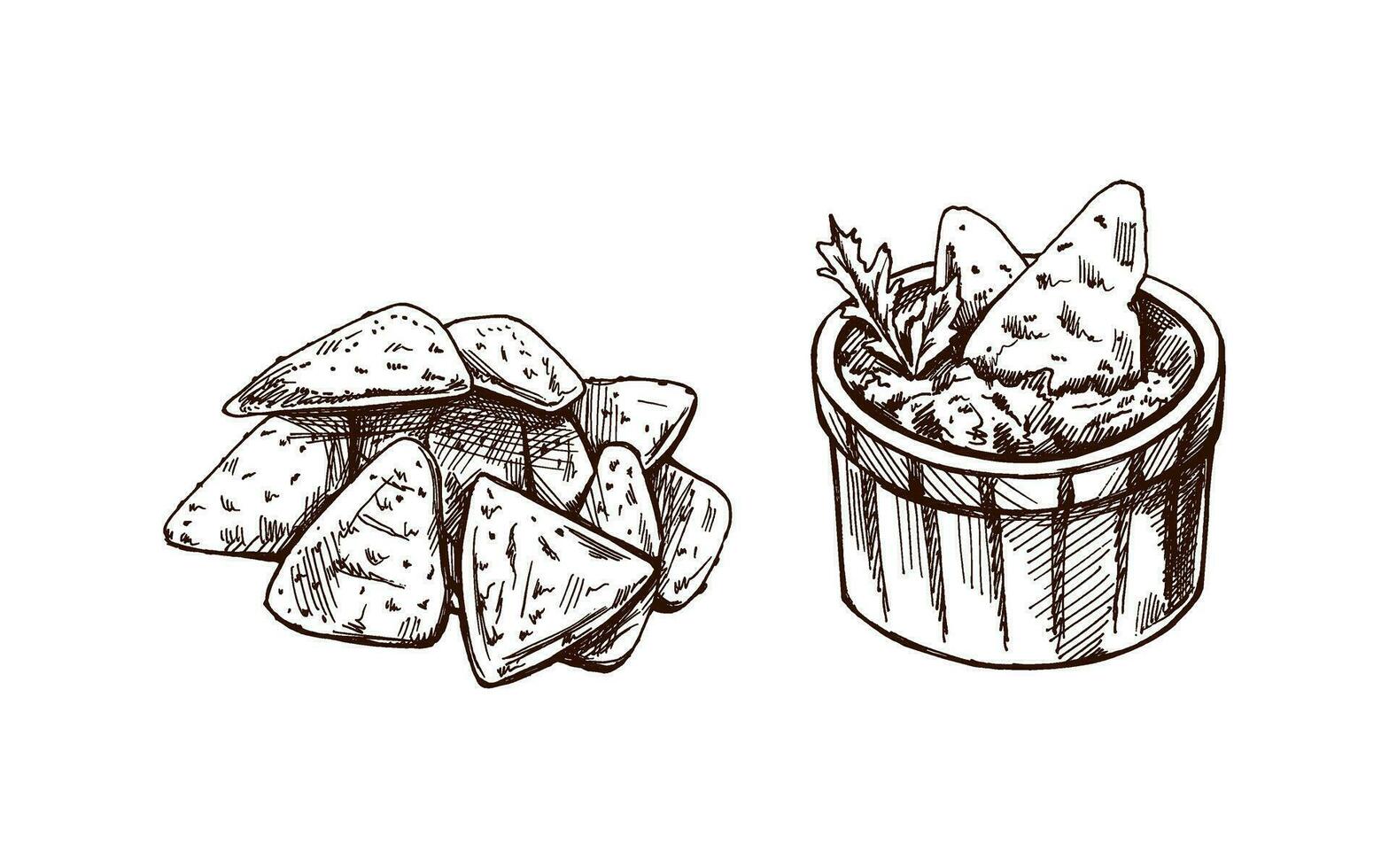 Hand-drawn sketches of bowl with guacamole, nachos and parsley leaves with a handful of nachos. Vintage drawing. Vector food sketch illustration. Illustration for menu. Latin America.