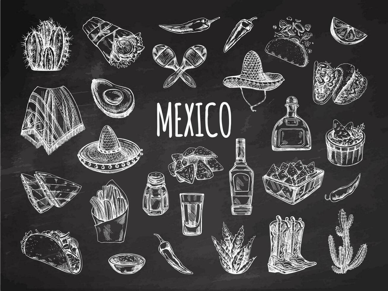Hand-drawn set of realistic mexican elements on chalkboard background. Vintage sketch drawings of food, drinks, clothes, tools. Vector ink illustration. Mexican culture. Latin America.