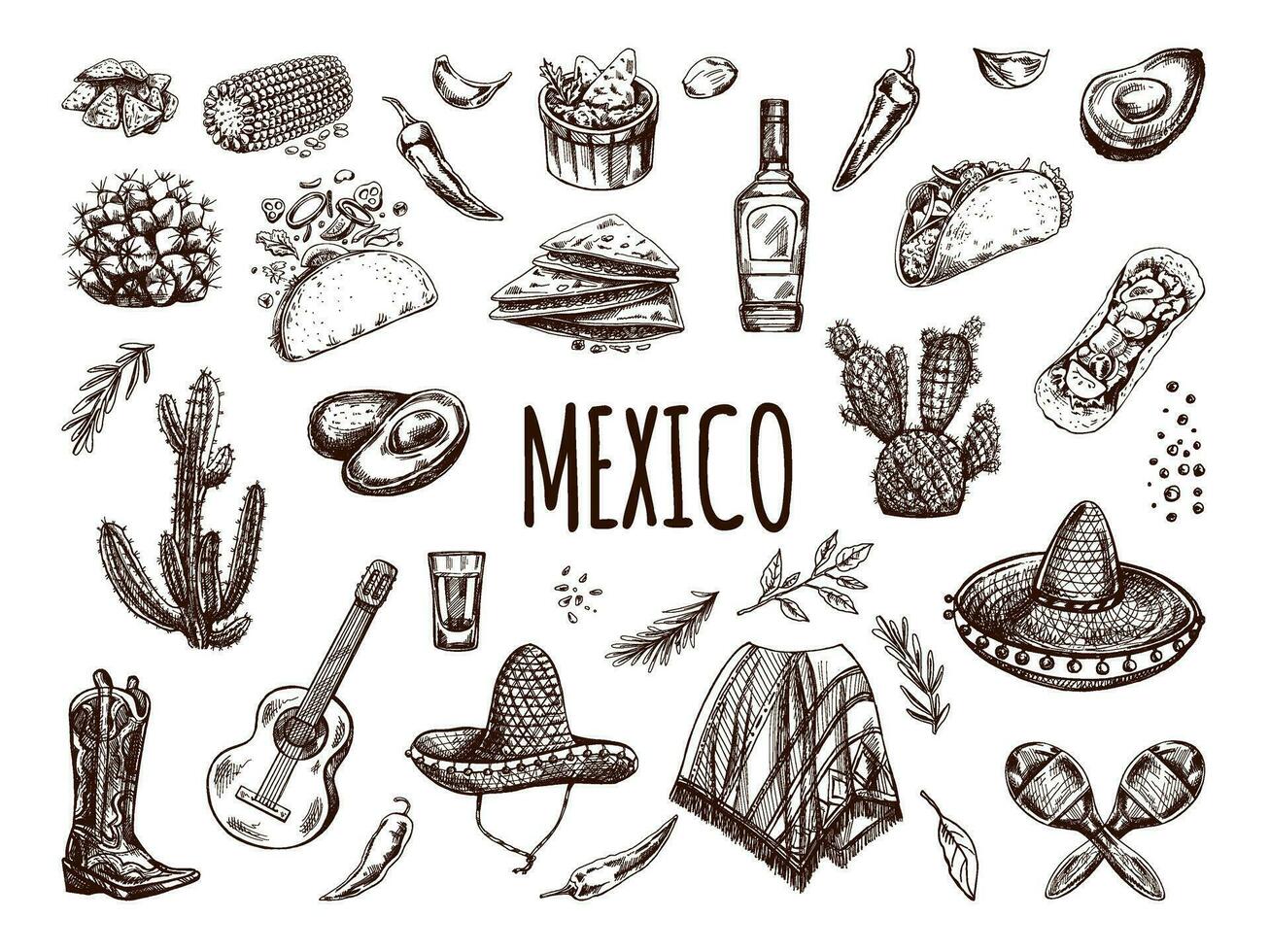 Hand-drawn set of realistic mexican elements. Vintage sketch drawings of Latin American culture. Vector ink illustration. Mexican culture. Latin America.