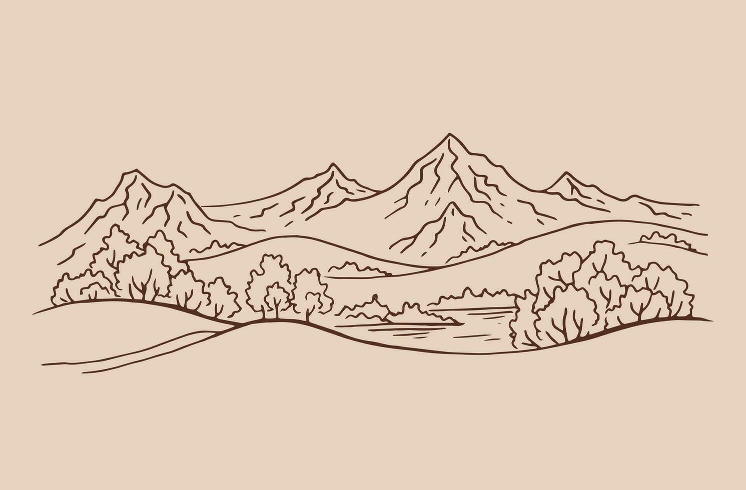 Landscape with mountains and trees. Hand drawn illustration converted to vector. vector