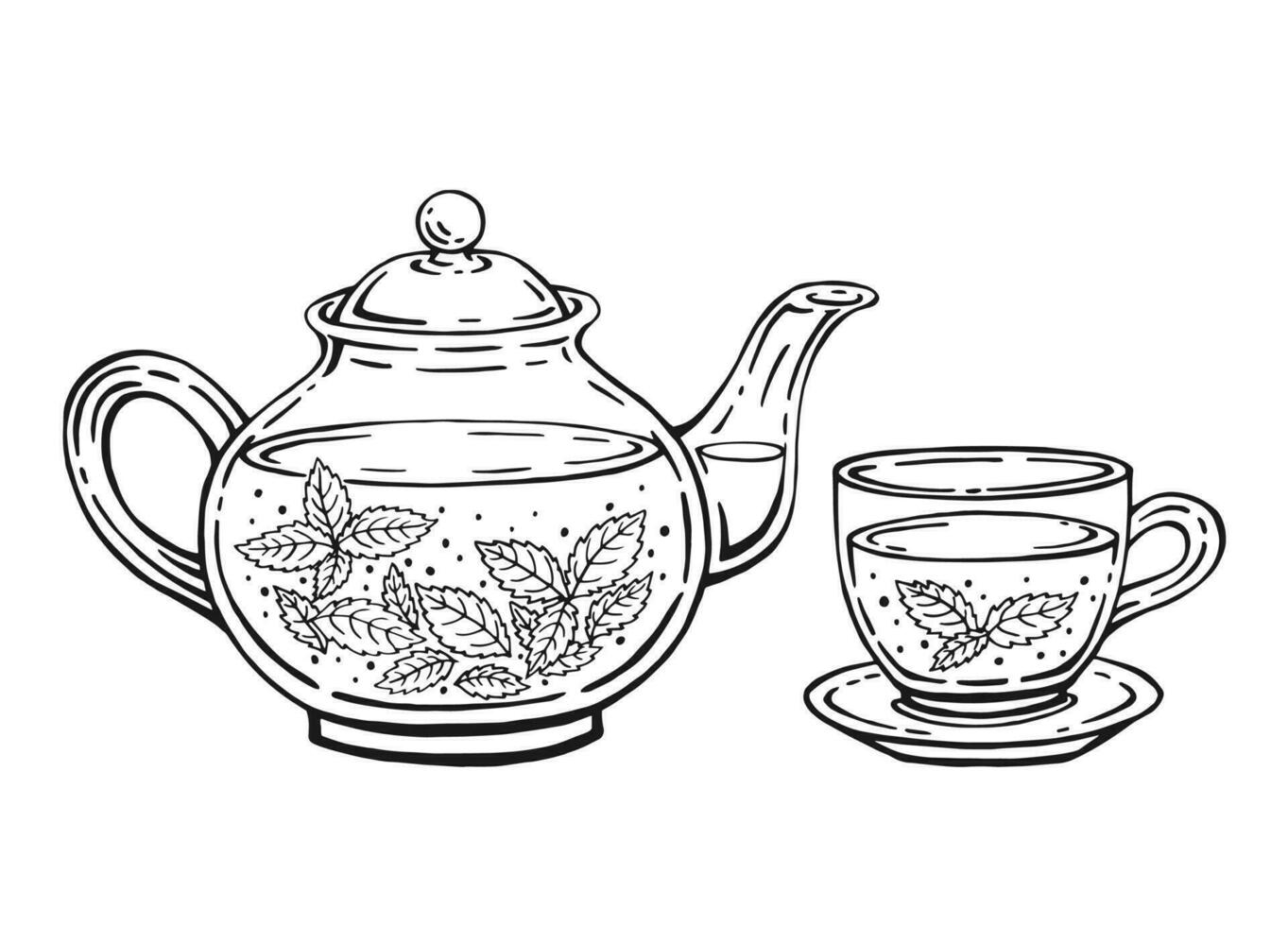 Tea set with healthy green tea, mint leaves. Teapot and cup. Hand drawn vector illustration in outline style.