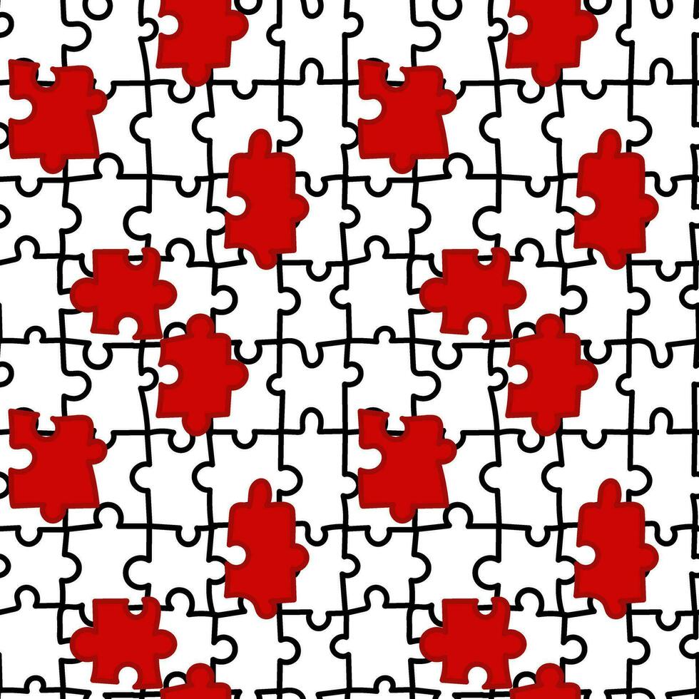 Colored mosaic pattern. Seamless in the form of black lines of the puzzle with extra red parts. Printing on decorative elements, clothes, wrapping paper. Collect the puzzle, fill in the blanks vector