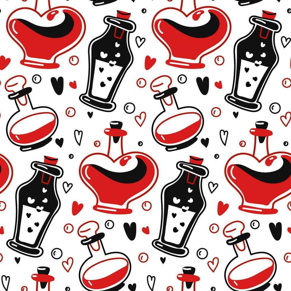 Seamless pattern with love potion in doodle buns of different shapes with hearts for Valentine's Day packaging. Cartoon vector isolated design for wallpaper, wrapping paper, textiles on a white