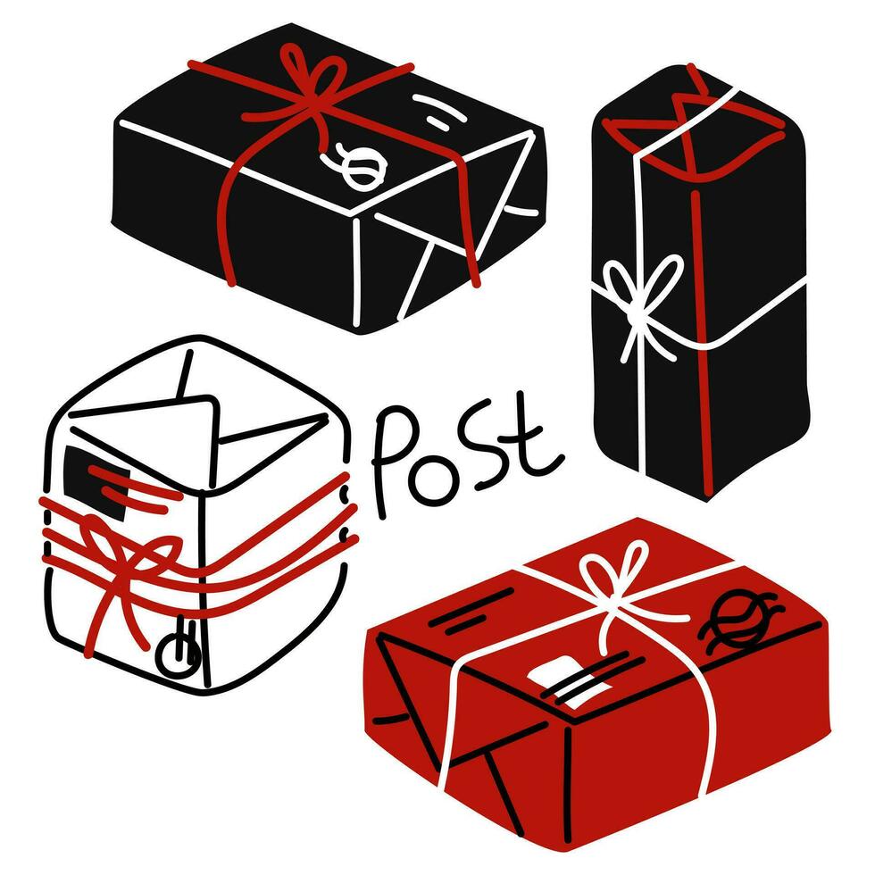 set of packed boxes, parcels with stamps. Everything is packed and delivered on time, mailboxes are tied with thread, individual illustrations, a vector collection of colored boxes. Red, Black, White