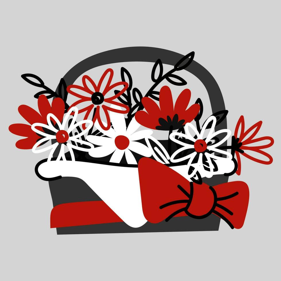 Bouquet of flowers in a flat basket in two colors red and black. A bouquet of white and red daisies with a doodle bow. Vector isolated illustration. a gift for Valentine's day, birthday, mother's day