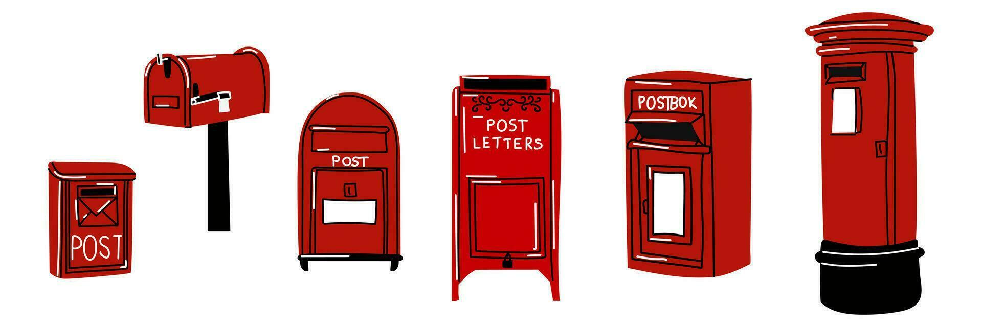 Mailboxes, a set of mailboxes for letters. Different mailboxes are red and black. Modern vector illustration, hand-drawn. Isolated design elements. Delivery, message, communication concept