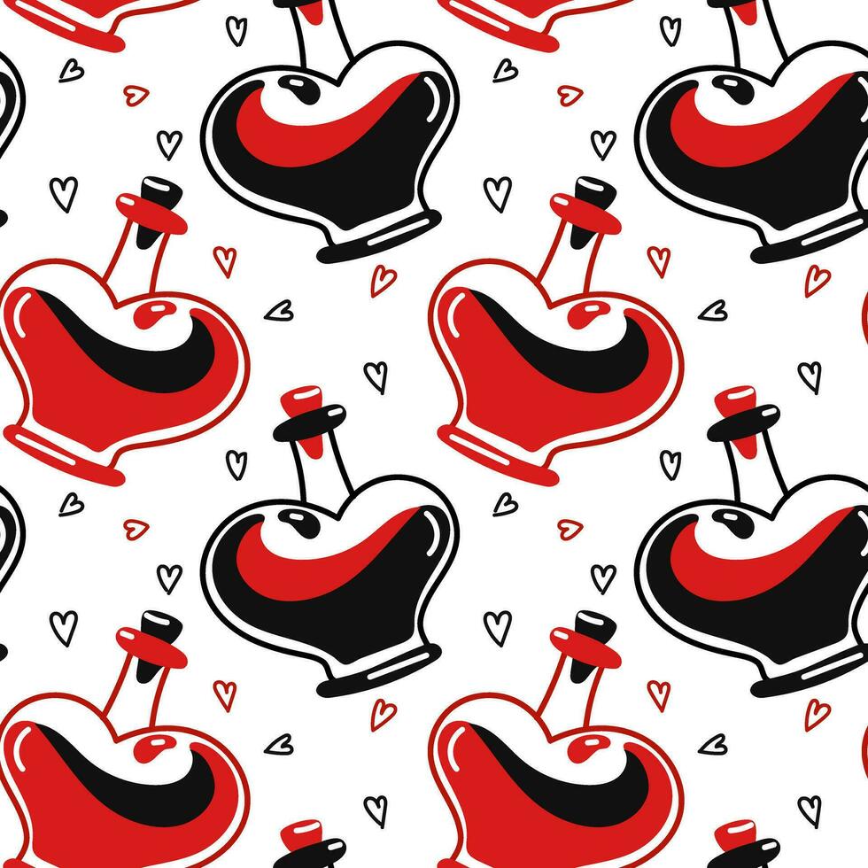Seamless pattern with love potion in heart-shaped doodle buns with hearts for Valentine's Day packaging. Cartoon vector isolated design for wallpaper, wrapping paper, textiles on a white background