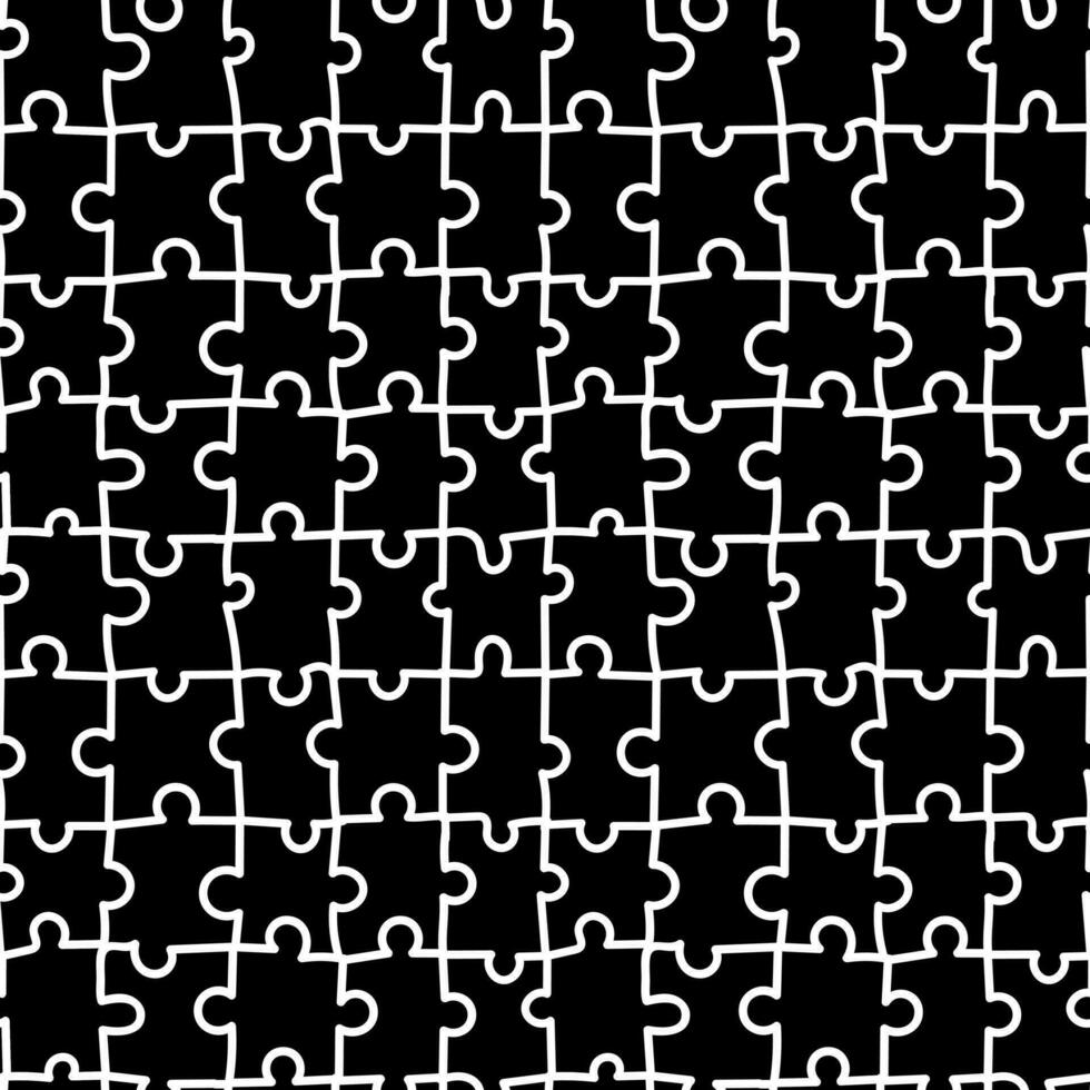 A hand-drawn puzzle pattern with a white outline on black. Seamless mosaic texture on a white background. An assembled puzzle for awareness day. Flat doodle texture for printing on textiles and paper vector
