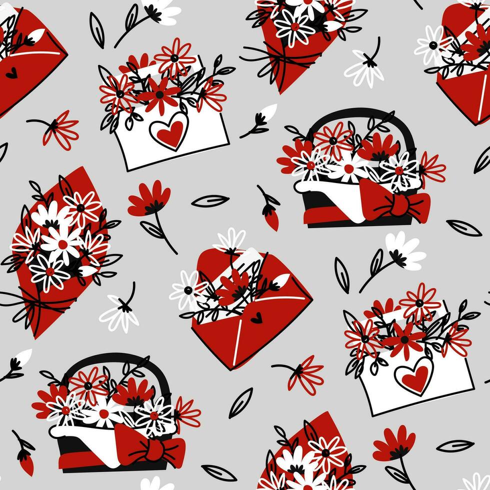 A pattern of flat bouquets with flowers in colored shapes. Bouquets of white and red daisies doodle. Vector insulated basket, envelope, paper. Gift wrapping for Valentine's Day, birthday, Mother's Day