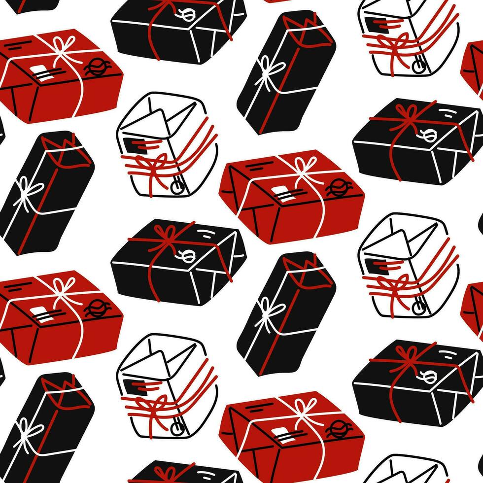 Vector seamless pattern of parcels of different sizes with stamps in red, black, and white colors. A hand-drawn postal background with boxes tied with thread. Mail correspondence. A gift with a bow