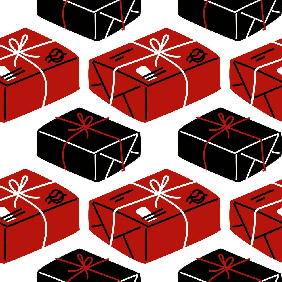 Vector seamless pattern of parcels with stamps in red, black, and white colors. A hand-drawn postal background with boxes tied with thread. Mail correspondence. A gift with a bow