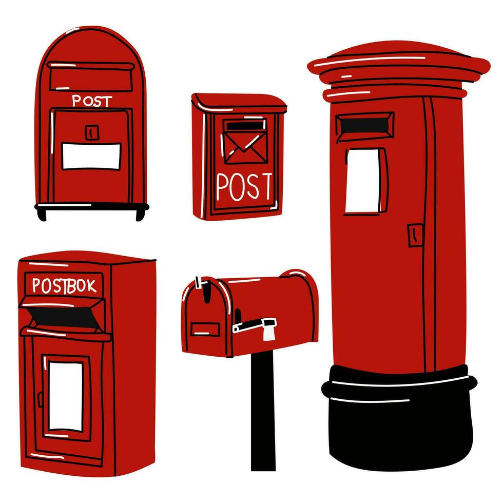 buzones de correo un conjunto de buzones para letras. diferente buzones en rojo y negro colores. moderno vector ilustracion dibujado a mano. aislado diseno elementos. entrega mensaje comunicacion conc...