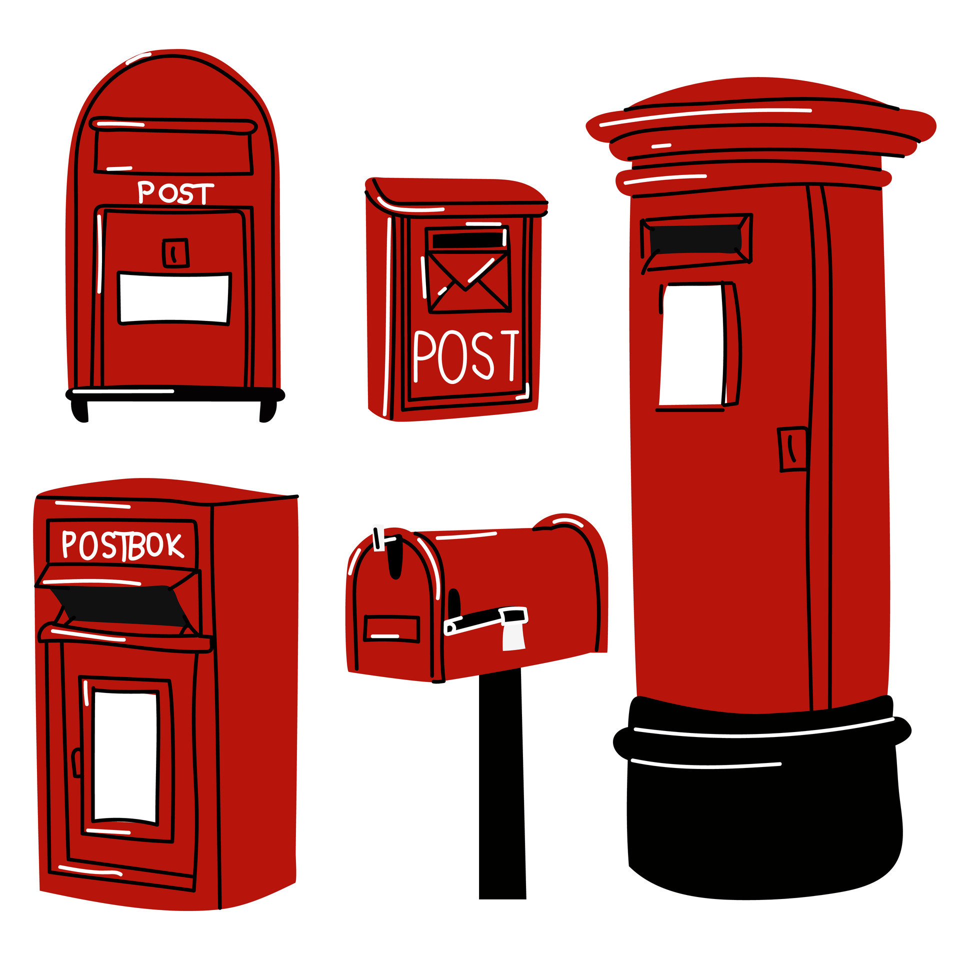Mailboxes, a set of mailboxes for letters. Different mailboxes in red