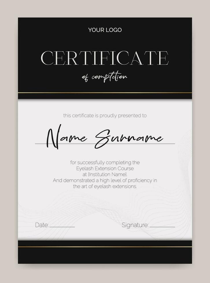 Black and white certificate template with a modern design. Perfect for beauty education, eyelash, or makeup artists. Elegant and abstract, ideal for awards or educational achievements. Not AI. vector