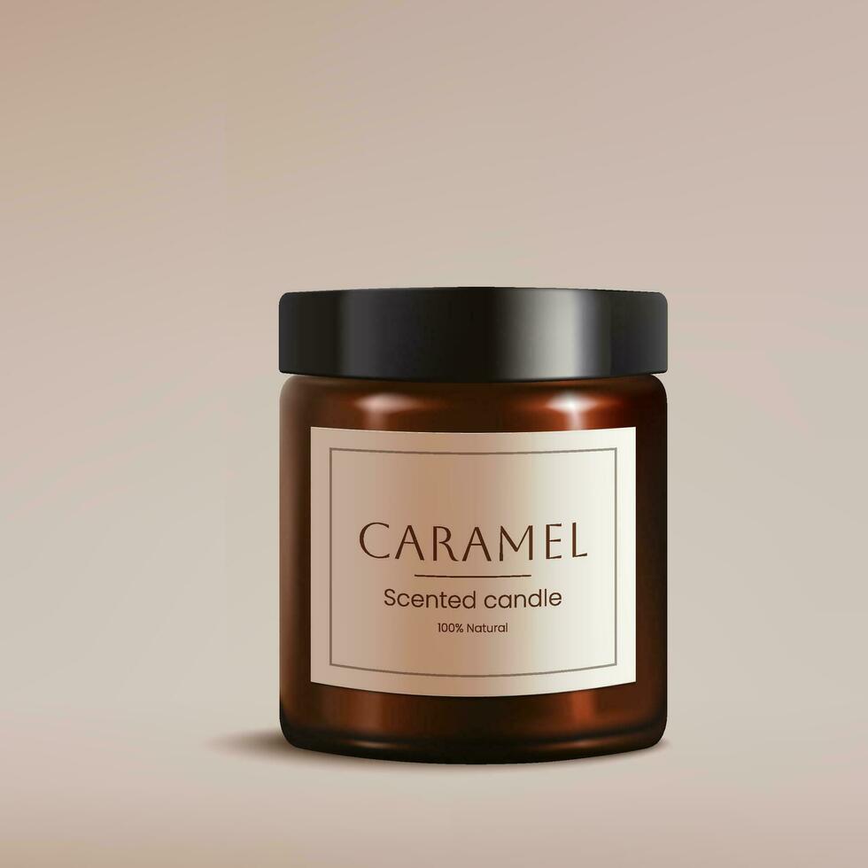 un realista 3d ilustración de un caramelo perfumado vela en marrón vaso con negro tapa. Perfecto para un spa diseño, embalaje maquetas crea un brillante, decorativo, y aromático ambiente no ai. vector