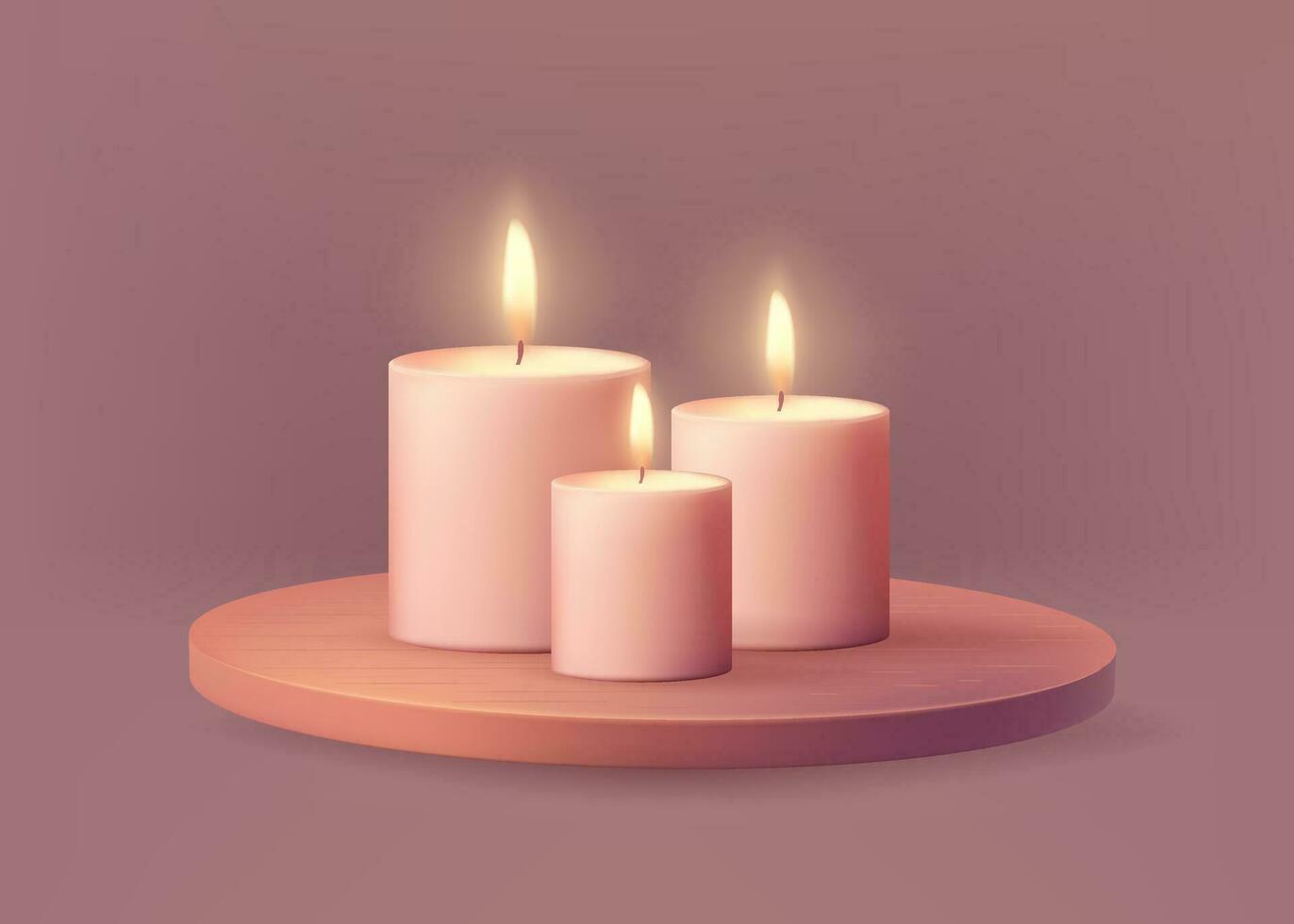 un realista vector ilustración de un brillante perfumado velas con un brillante fuego, en un de madera podio Perfecto para spa o romántico ocasiones. el diseño agrega calor y festivo iluminación. no ai.