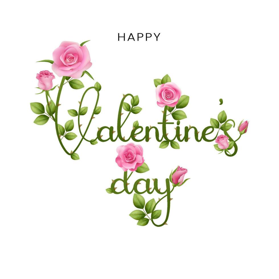 A realistic pink roses and vines, creating a Valentine's Day lettering. The beautiful flowers on a white background offer a vintage touch, perfect for greeting cards or decorative banners. Not AI. vector