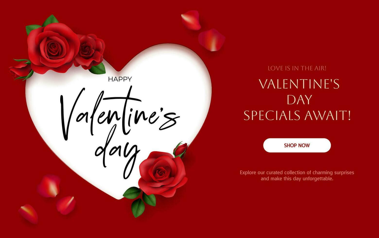 Valentine's Day sale banner featuring red roses and white heart. Perfect for cards, banners, and promotions. The design captures the essence of love and celebration. Not AI. vector