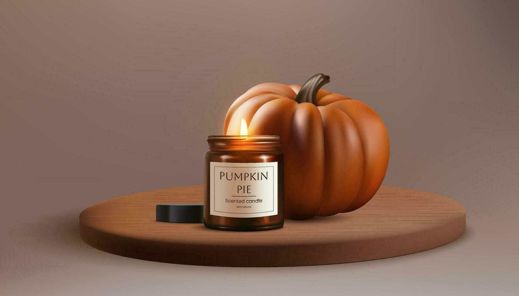 A realistic 3d banner with a wooden podium showcasing a realistic pumpkin with candle in brown jar, with a warm glow. Festive and romantic ambiance, perfect for autumn and holidays. Not AI generated vector