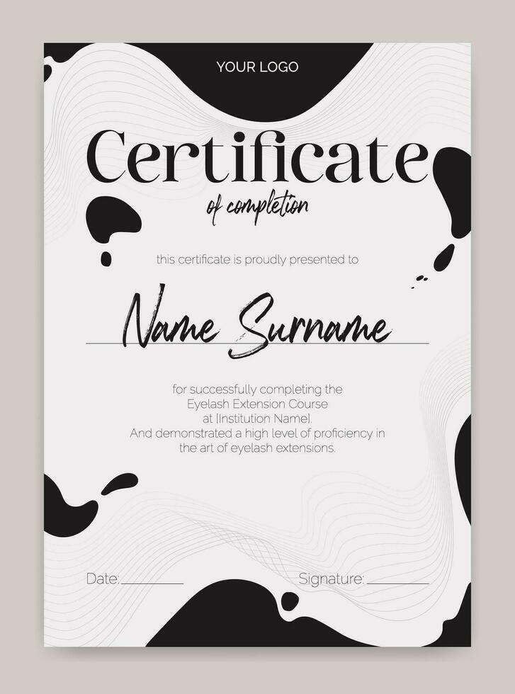 Black and white certificate template with a modern flowing design. Perfect for beauty education, eyelash, or makeup artists. Elegant and abstract, ideal for awards or educational achievements. Not AI. vector