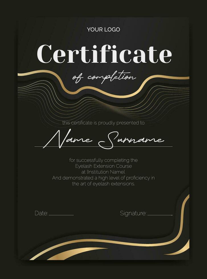 A luxurious black gold certificate template with a modern design. Perfect for beauty education, eyelash, or makeup artists. Elegant and abstract, ideal for awards or educational achievements. Not AI. vector