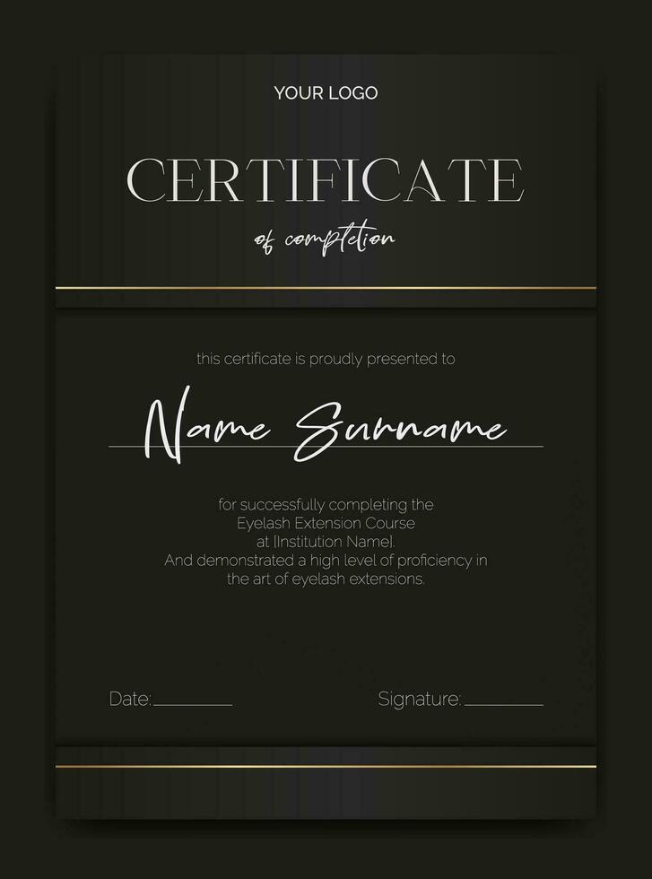 A luxurious black certificate template with a modern design. Perfect for beauty education, eyelash, or makeup artists. Elegant and abstract, ideal for awards or educational achievements. Not AI. vector