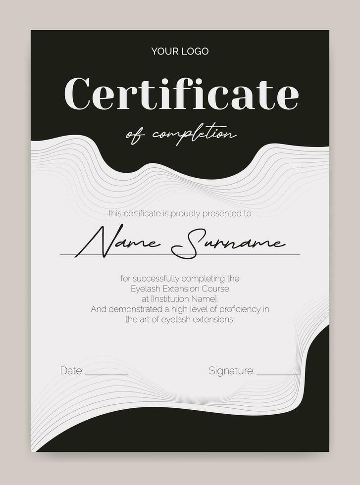 Black and white certificate template with a modern flowing design. Perfect for beauty education, eyelash, or makeup artists. Elegant and abstract, ideal for awards or educational achievements. Not AI. vector