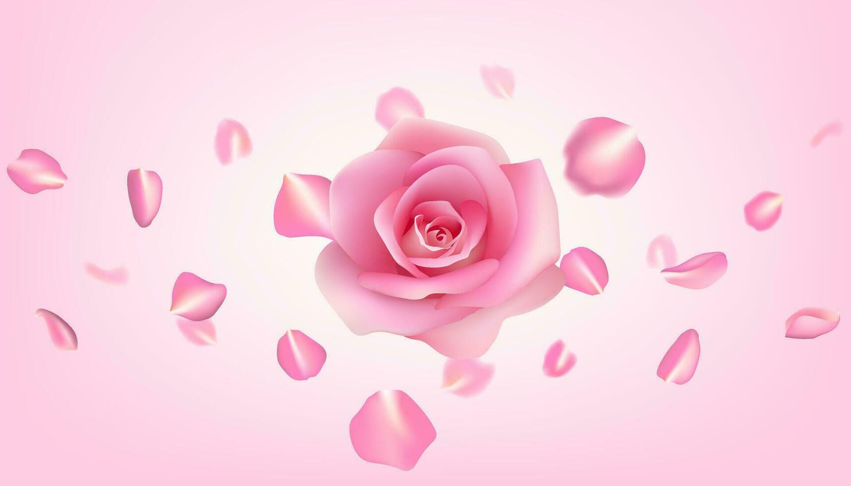 A romantic pink rose realistic illustration, with flying petals. The realistic Valentine's Day design an ideal choice for cards, invitations, perfume commercial and decorative themes. Not AI. vector