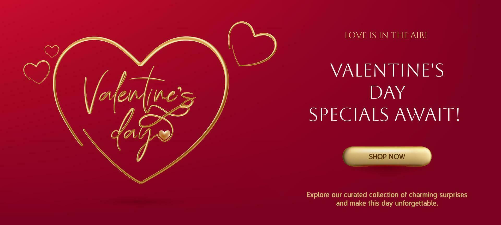 A happy Valentine's Day banner with golden lettering, in a heart shape creating a luxurious design. The realistic gold, on red background perfect for sale banners and promotion. Not AI. vector