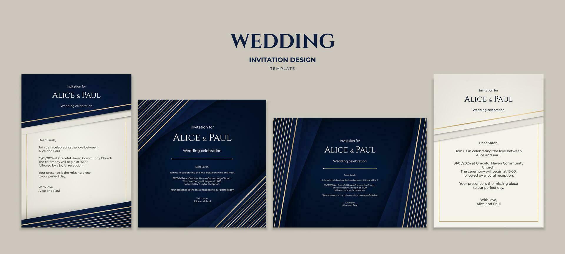 A luxury wedding invitation set in blue, white and gold, with geometric patterns. The elegant design features stripes and a golden border, creating a classic and premium atmosphere. Not AI. vector