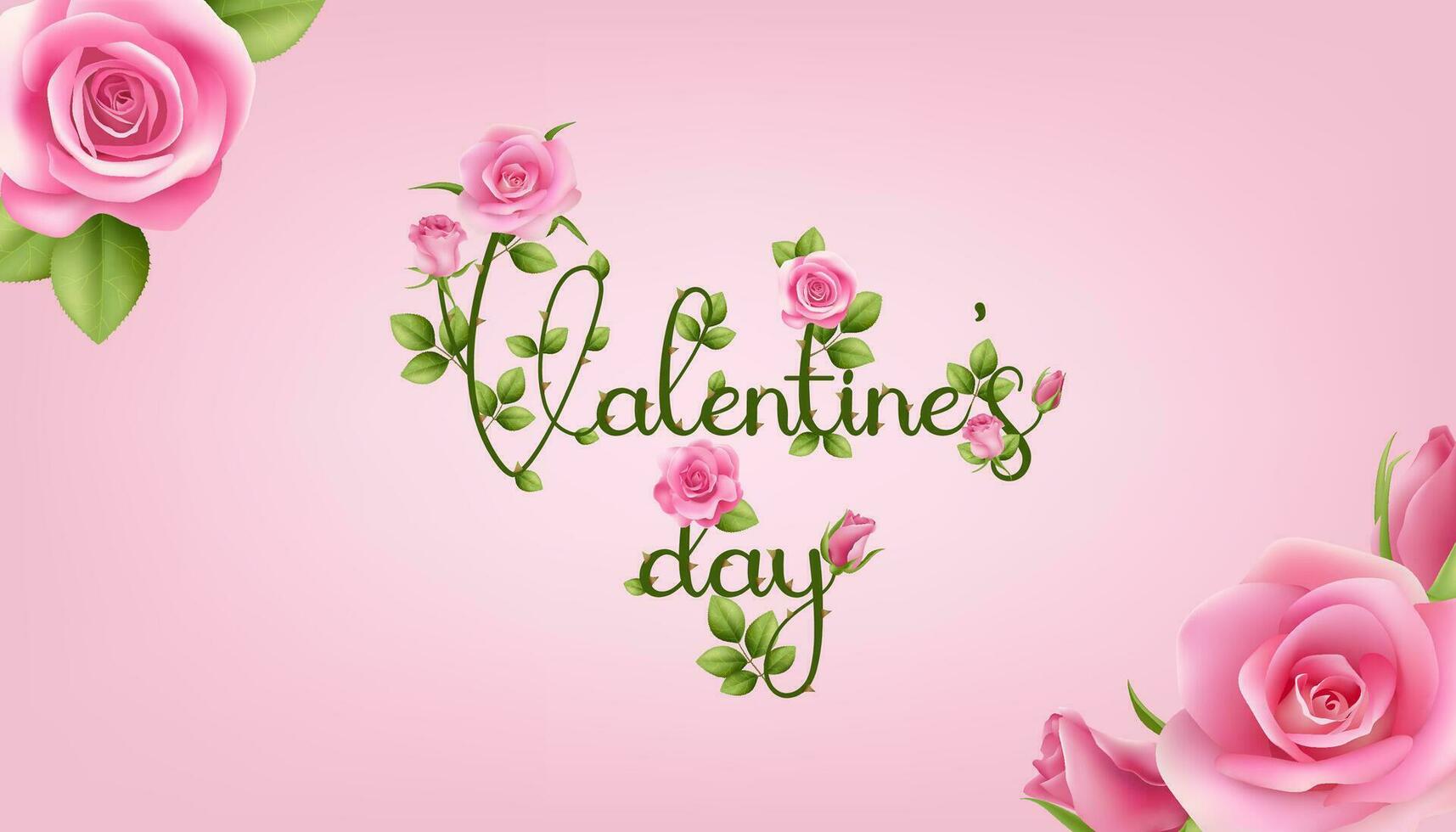 A realistic pink roses and vines, creating a Valentine's Day lettering. The beautiful flowers on a pink background Perfect for romantic cards, invitations, and sale banner designs. Not AI. vector
