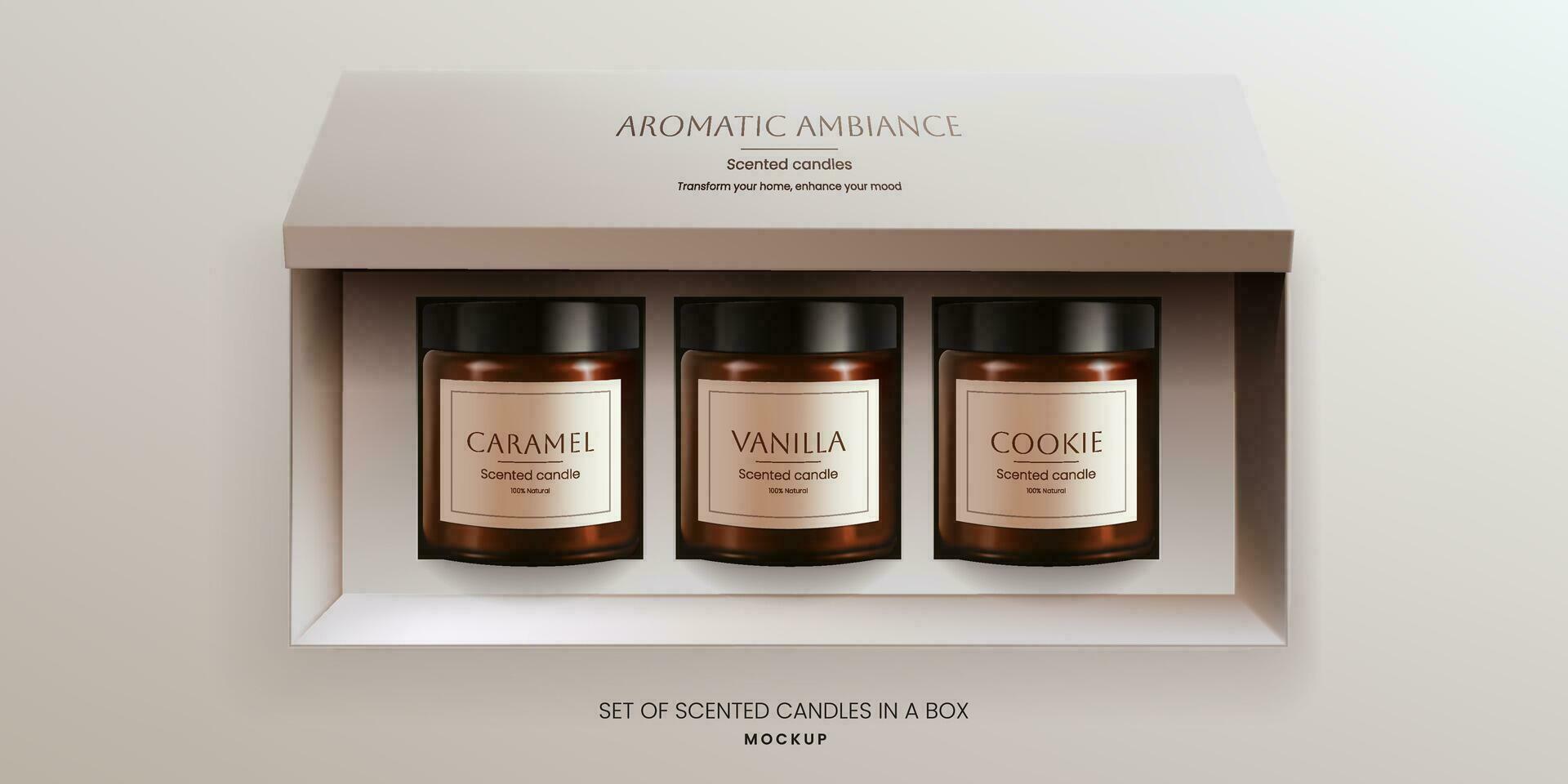 A realistic 3D vector mockup of scented vanilla candles in brown glass jars in a open packaging box, front view. The design offers an ideal template for advertising aromatherapy products. Not AI.