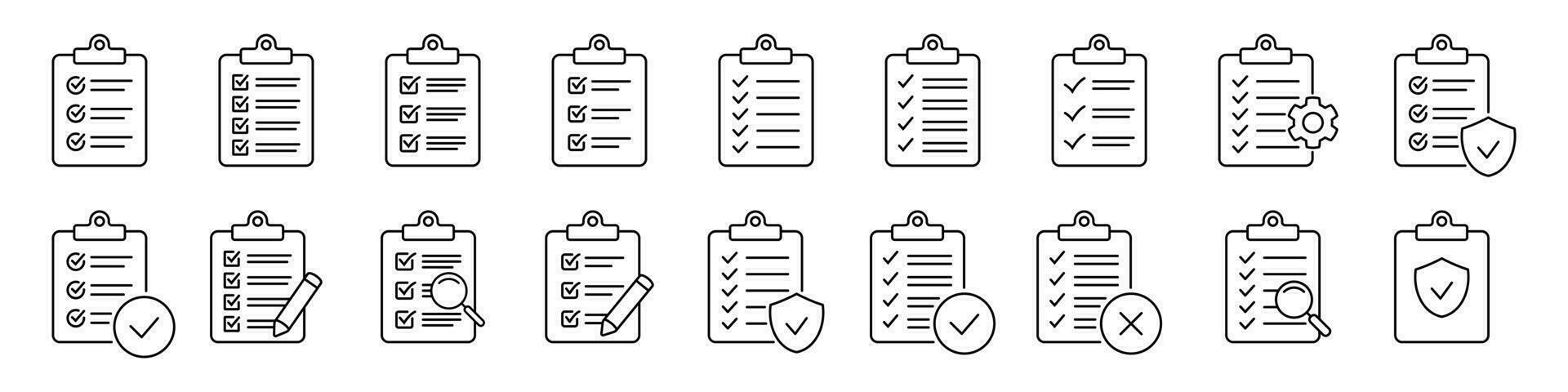 Set of clipboard with checklist icons. Clipboard line icon. Checklist with gear, magnifier and pencil. symbol for web site and app design. Vector illstration.