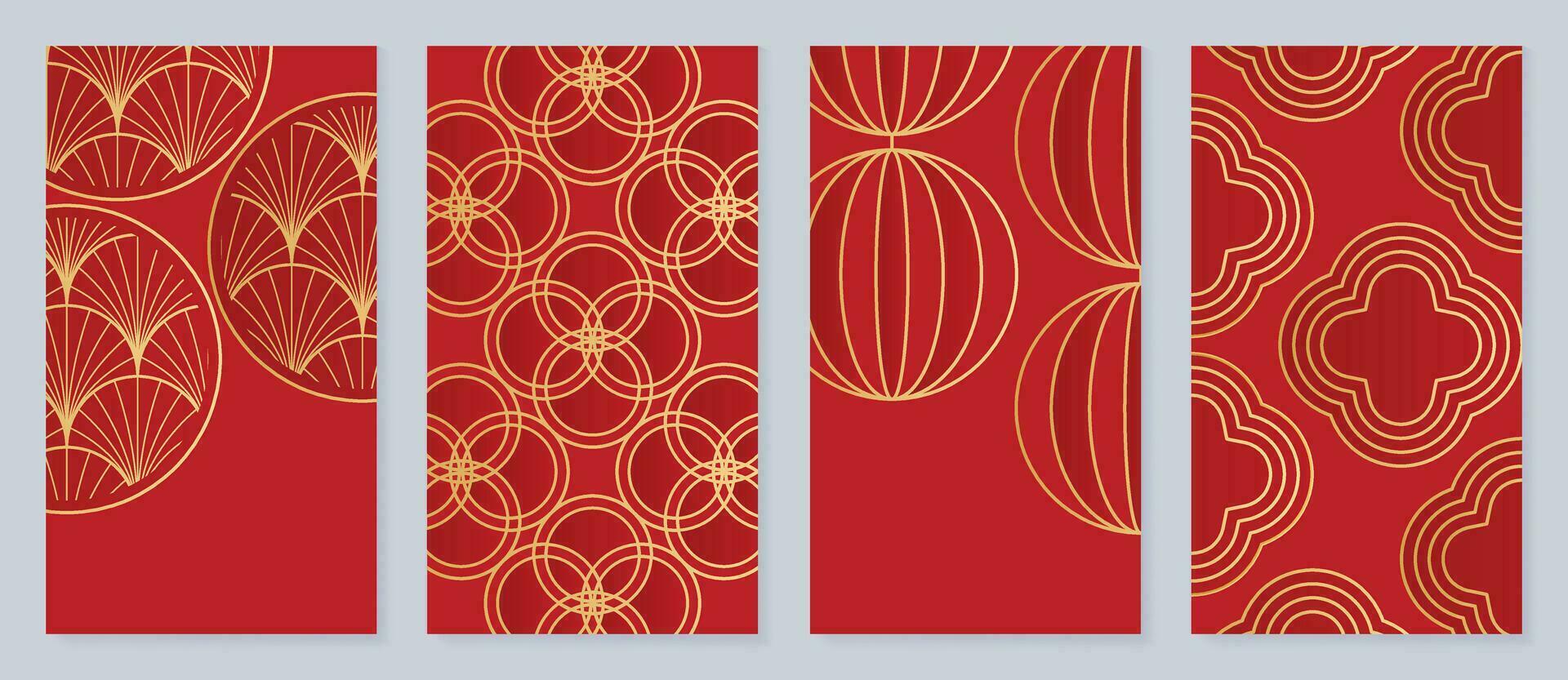 Chinese New Year 2024 card background vector. Year of the dragon design with golden lantern, flower, chinese pattern. Elegant oriental illustration for cover, banner, website, calendar, envelope. vector