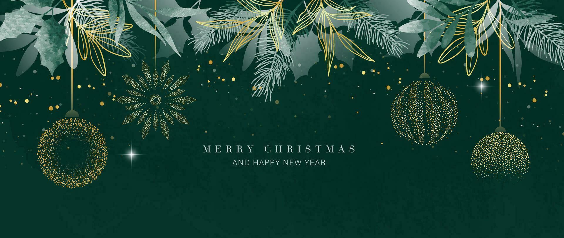 Luxury christmas and happy new year concept background vector. Elegant glittering gold christmas foliage decorated with ball on dark green background. Design for wallpaper, card, cover, poster. vector