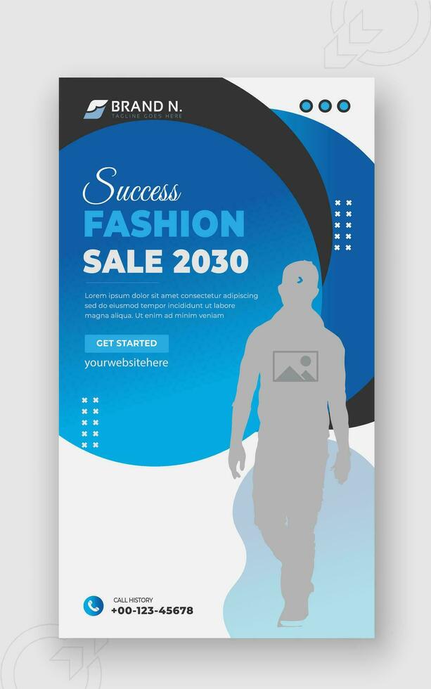 Fashion sale 2030 social media post design or ad banner template, modern minimal urban trendy fashion design for social media stories for promotion in abstract blue and black colorful shapes vector