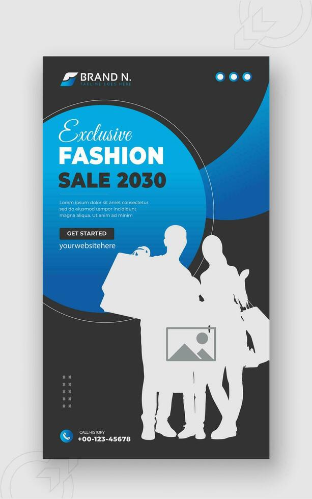 Fashion sale 2030 social media post design or ad banner template, modern minimal urban trendy fashion design for social media stories for promotion in abstract blue and black colorful shapes vector